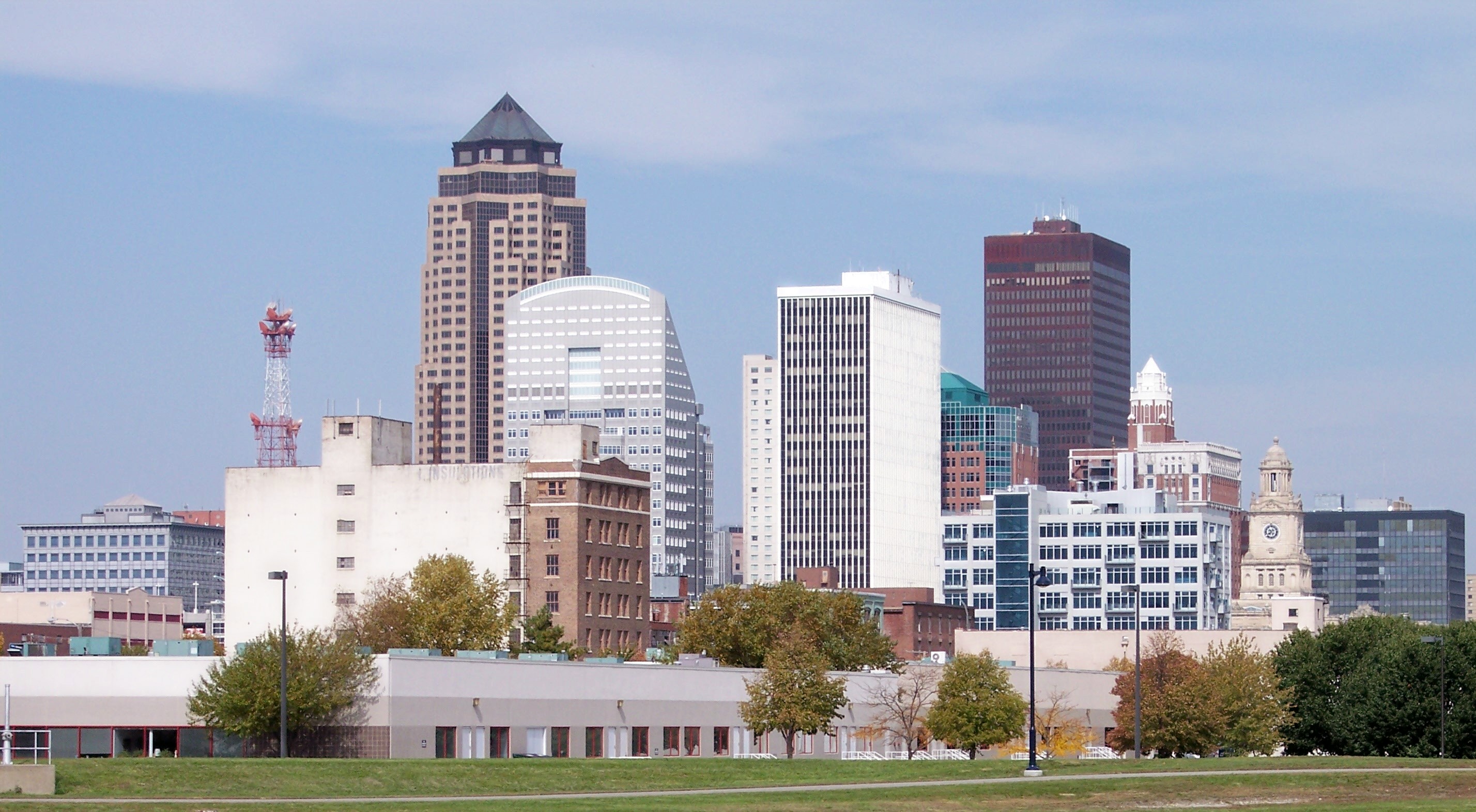 Des Moines downtown skyline seen across the river at dusk