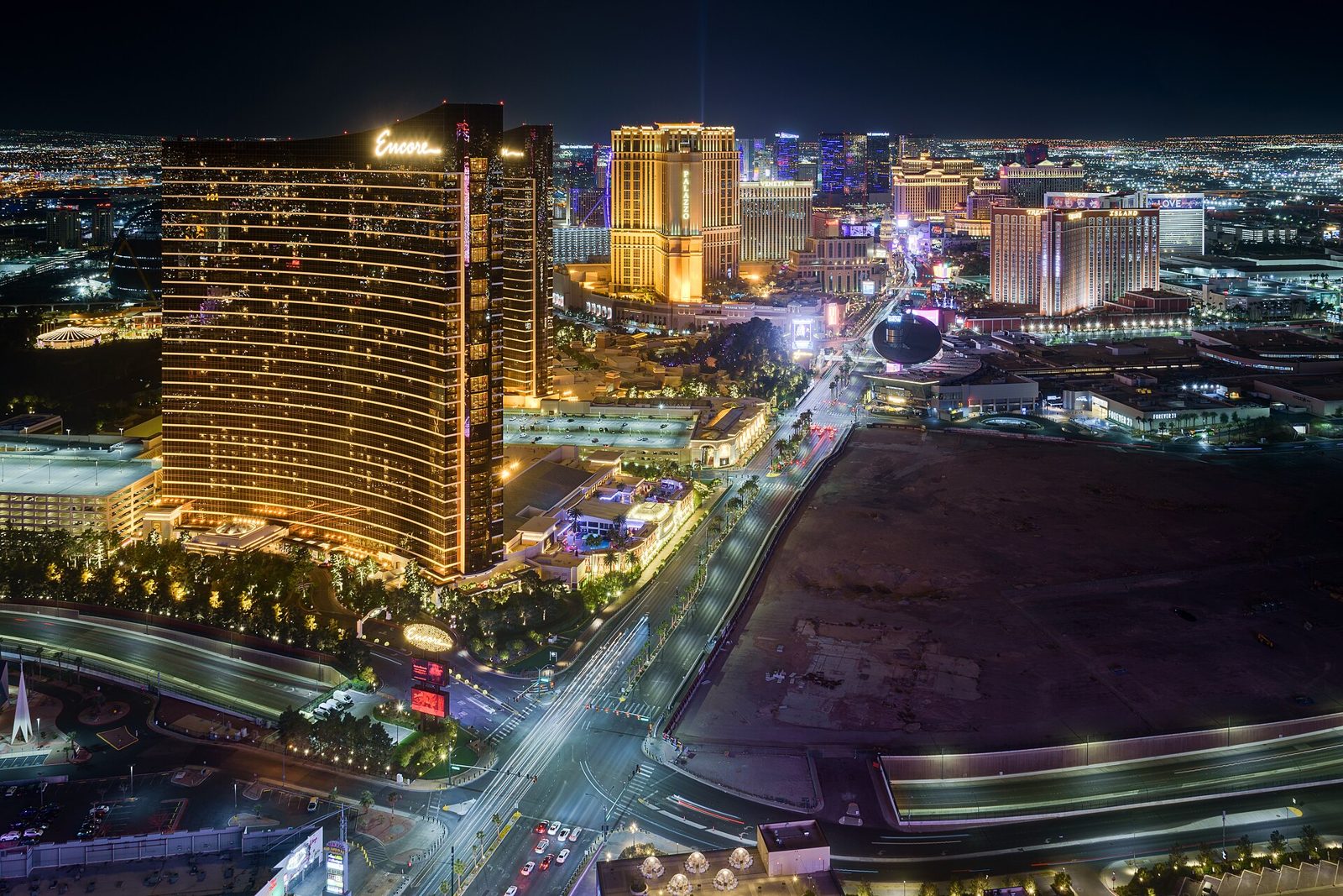 The Las Vegas Strip lit up at night, seen from above