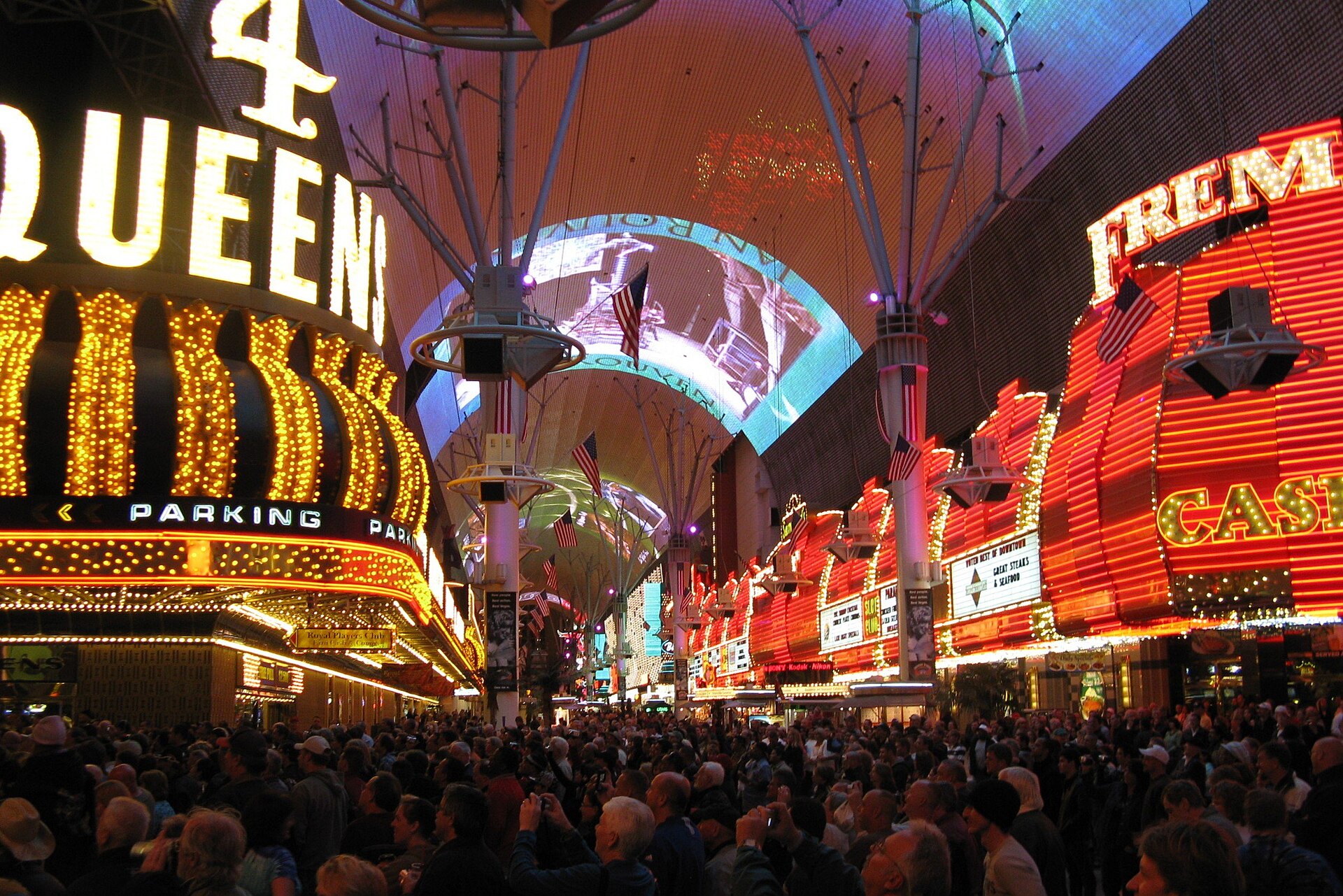 The LED canopy over Fremont Street Experience glowing at night
